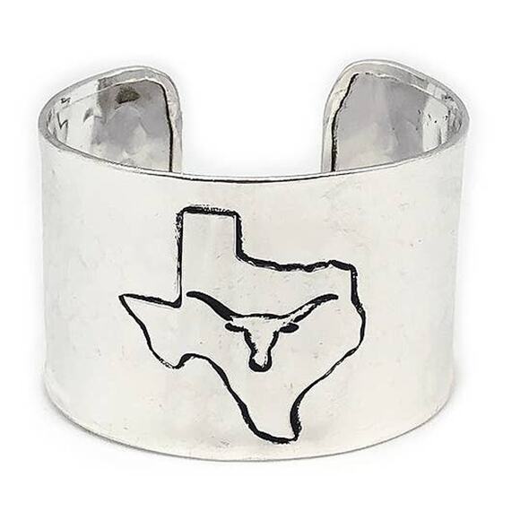 Western Silver Tone Adjustable Cuff Bracelet Texas with Longhorn - Picture 1 of 1